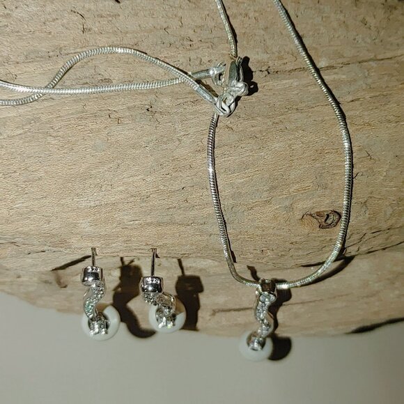 Necklace Earring Set 925 Sterling Silver 18 inch Faux Pearl Cubic Zirconia - Picture 13 of 13